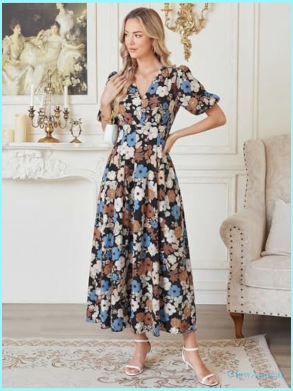 Floral A-Line Puff Sleeve Maxi Dress for Weddings & Parties - Picture 4 of 7